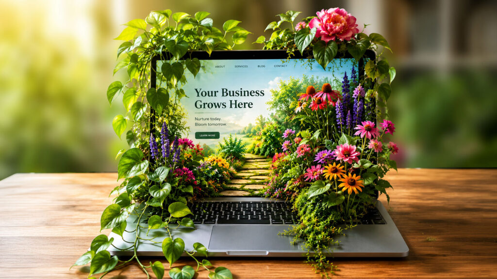 Laptop with a garden growing from the screen, symbolizing how a coaching website grows and evolves with your business.